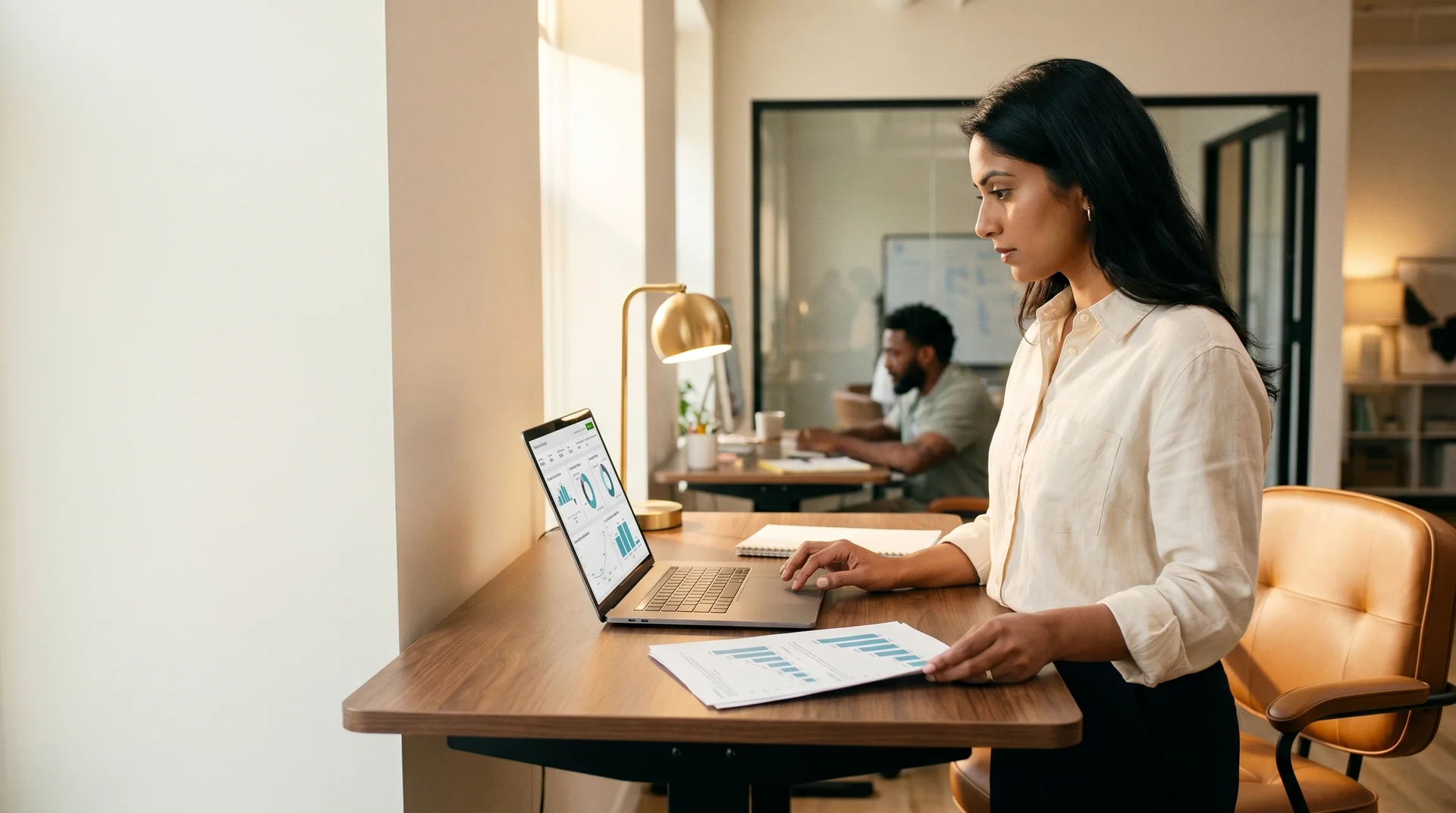 Operations manager reviewing a screen showing legacy enterprise system data flowing to modern cloud applications through an integration layer Operations manager reviewing a screen showing legacy enterprise system data flowing to modern cloud applications through an integration layer
