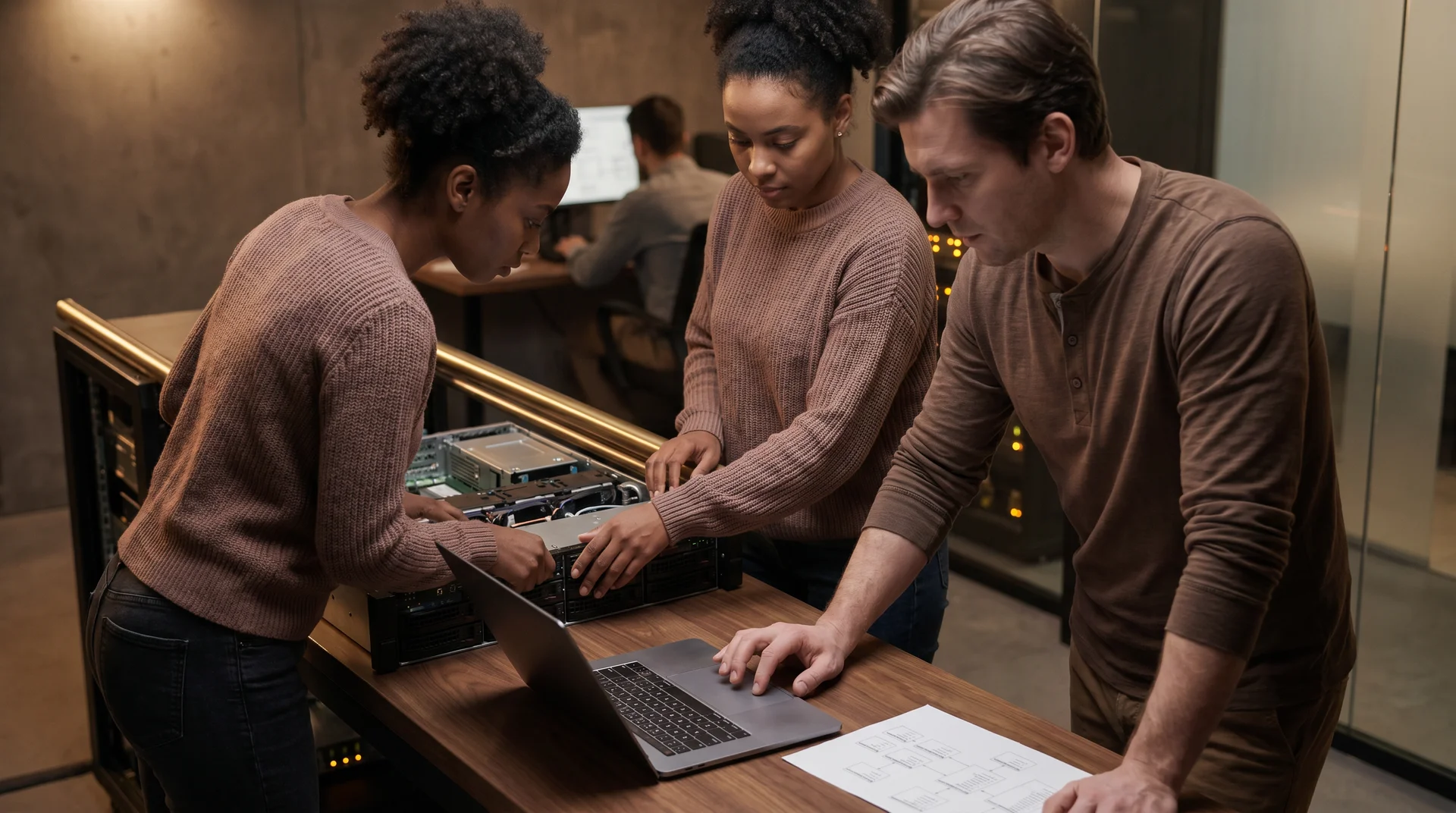 Two engineers examining on-premise server hardware during a legacy system integration audit, with database schema diagrams visible on a laptop screen Two engineers examining on-premise server hardware during a legacy system integration audit, with database schema diagrams visible on a laptop screen