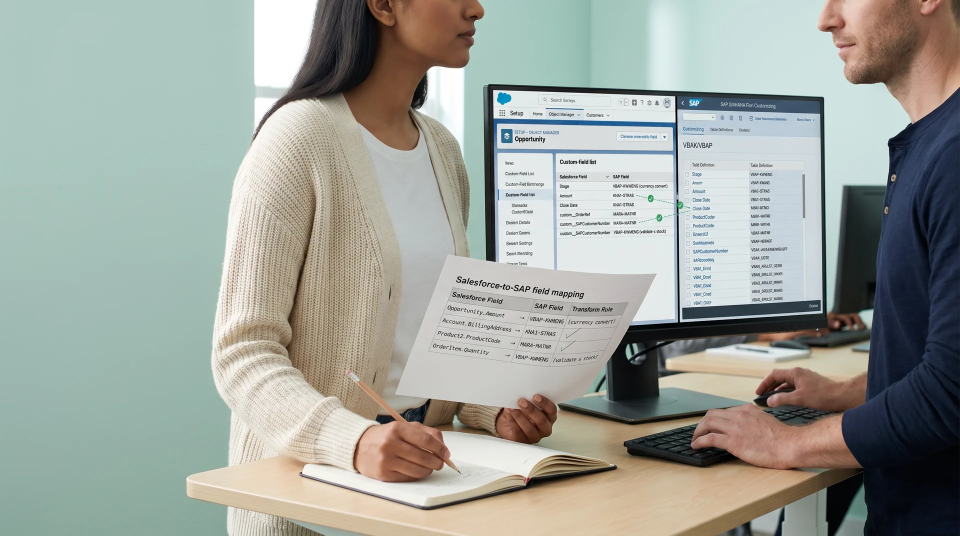 Two integration developers reviewing Salesforce to SAP field mapping documentation at a standing desk, seen from the side Two integration developers reviewing Salesforce to SAP field mapping documentation at a standing desk, seen from the side