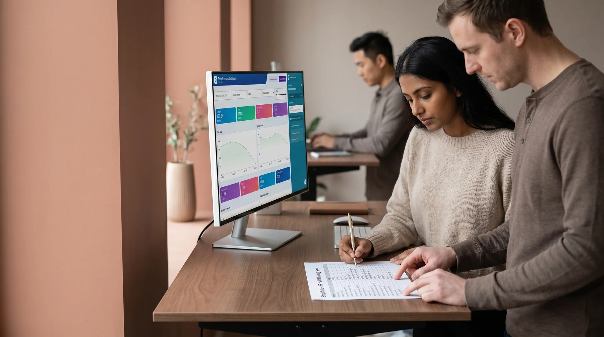 Developer reviewing Shopify application programming interface to enterprise resource planning field mapping documentation at a desk, seen from the side Developer reviewing Shopify application programming interface to enterprise resource planning field mapping documentation at a desk, seen from the side