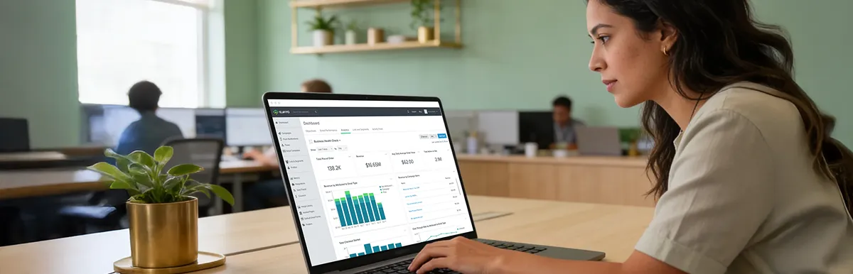 Brand founder reviewing a unified, healthy Klaviyo revenue dashboard at a calm organized desk Brand founder reviewing a unified, healthy Klaviyo revenue dashboard at a calm organized desk