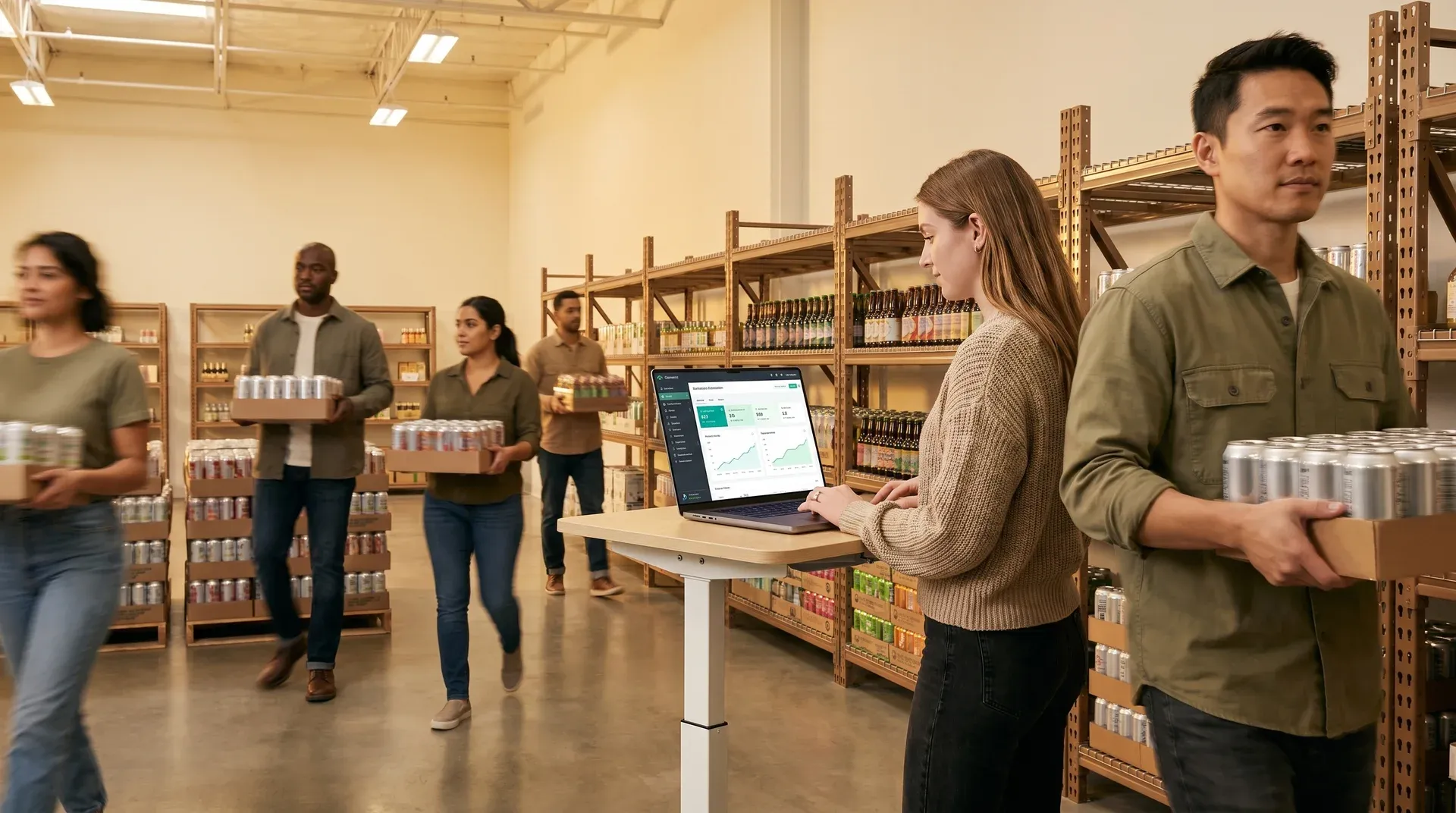 Beverage brand ecommerce operations team in motion on the warehouse floor during launch day, natural warehouse light Beverage brand ecommerce operations team in motion on the warehouse floor during launch day, natural warehouse light