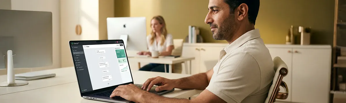 Ecommerce founder confidently reviewing store email revenue growth on a laptop Ecommerce founder confidently reviewing store email revenue growth on a laptop