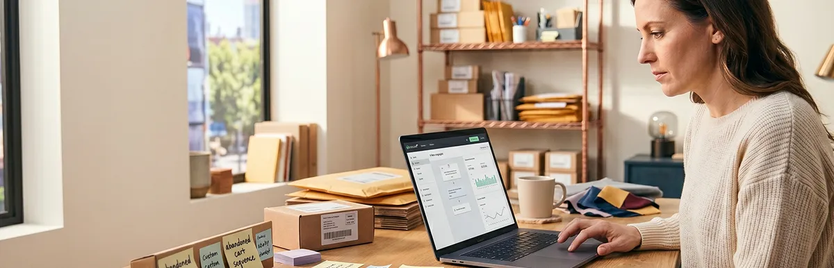 Ecommerce founder reviewing a fully managed, healthy Klaviyo email program with growing revenue, calm and focused