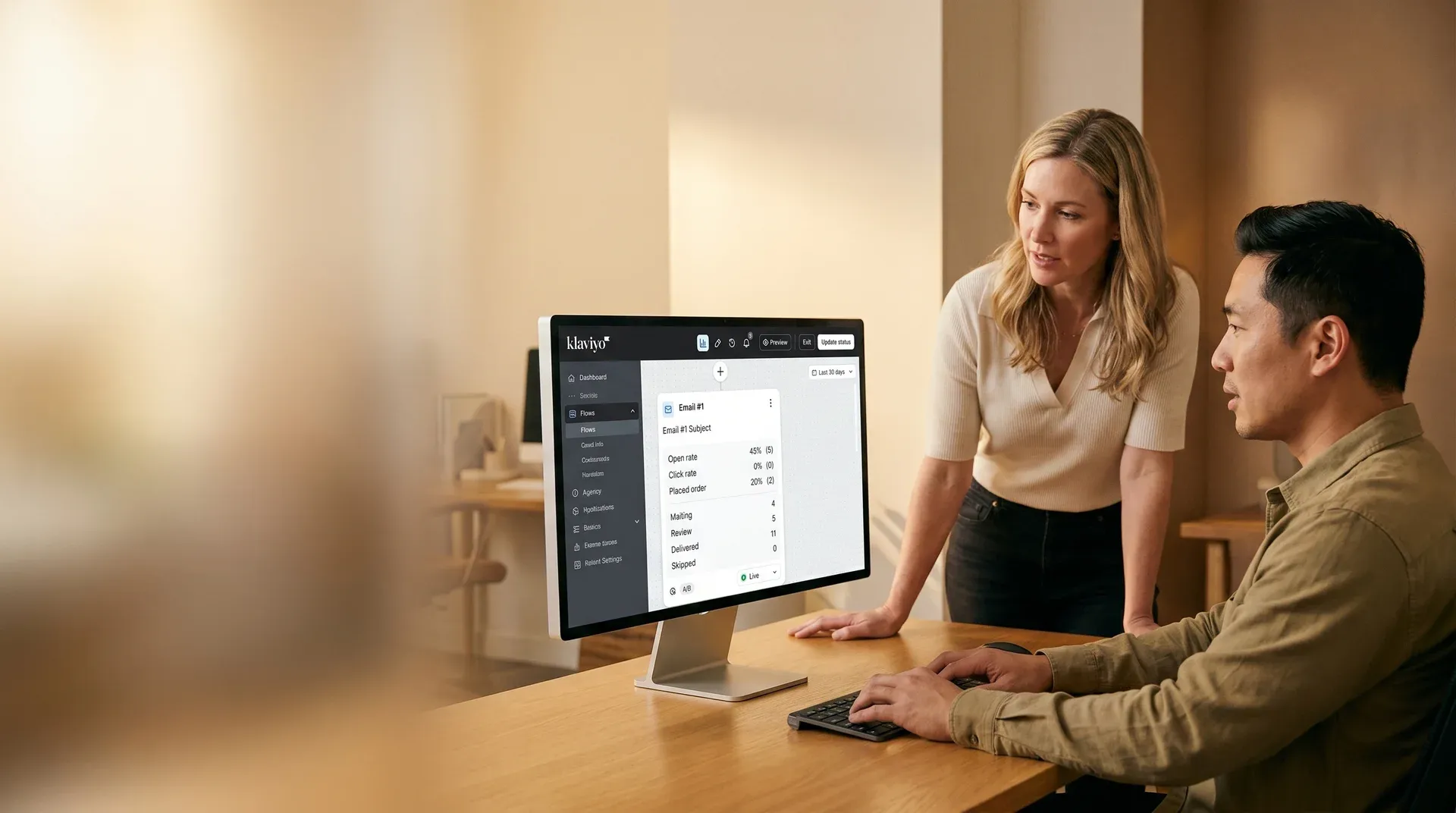 DTC brand team reviewing Klaviyo email growth results together, collaborative session, warm office light