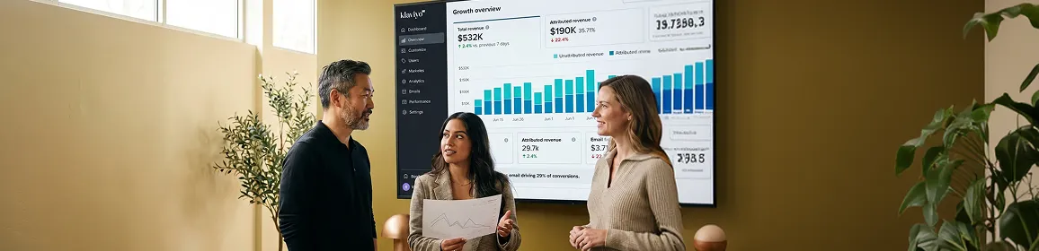 Ecommerce team reviewing Klaviyo campaign results on large display, focused expressions, natural light Ecommerce team reviewing Klaviyo campaign results on large display, focused expressions, natural light