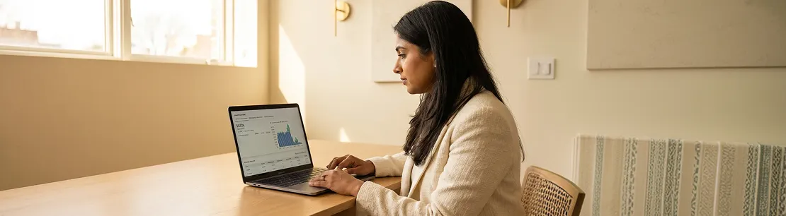 Ecommerce founder reviewing Klaviyo email analytics dashboard in a bright natural-light workspace Ecommerce founder reviewing Klaviyo email analytics dashboard in a bright natural-light workspace