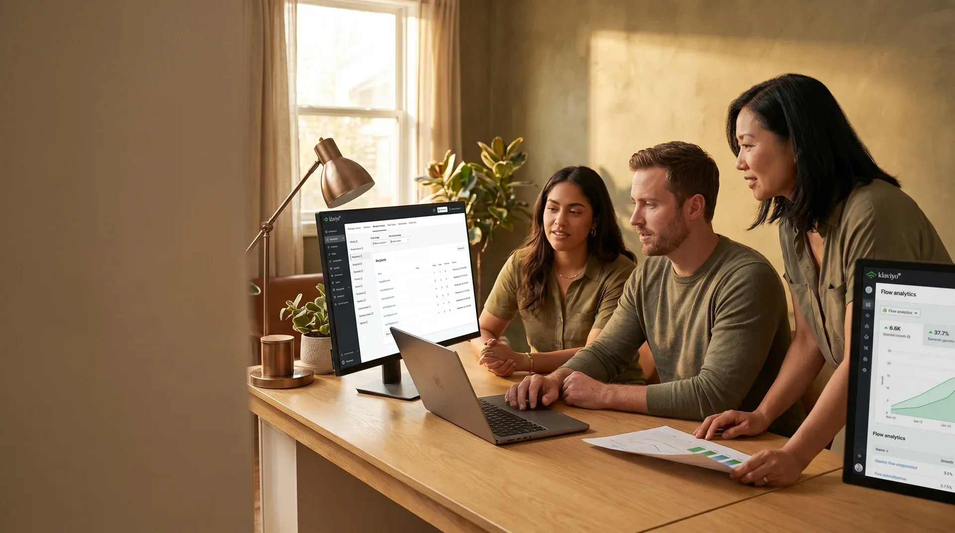 Small ecommerce team reviewing Klaviyo email results together in warm afternoon workspace Small ecommerce team reviewing Klaviyo email results together in warm afternoon workspace
