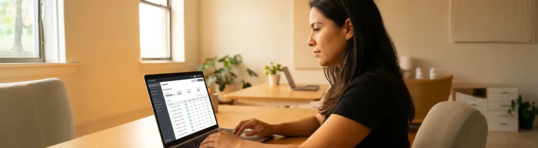Ecommerce founder reviewing Klaviyo campaign dashboard at desk in natural morning light Ecommerce founder reviewing Klaviyo campaign dashboard at desk in natural morning light