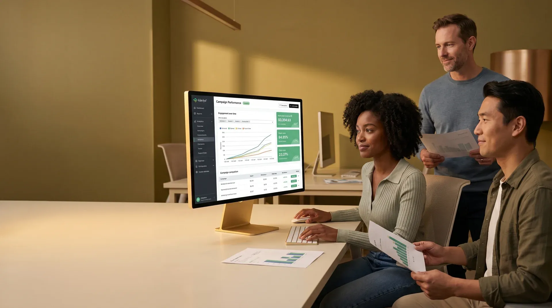Email marketing team reviewing campaign revenue results together on screen in real workspace Email marketing team reviewing campaign revenue results together on screen in real workspace