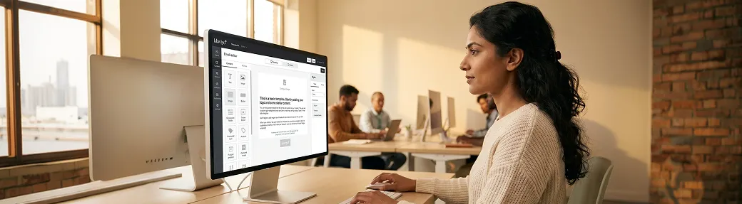 Klaviyo email designer reviewing a custom campaign template at their workstation with natural window light