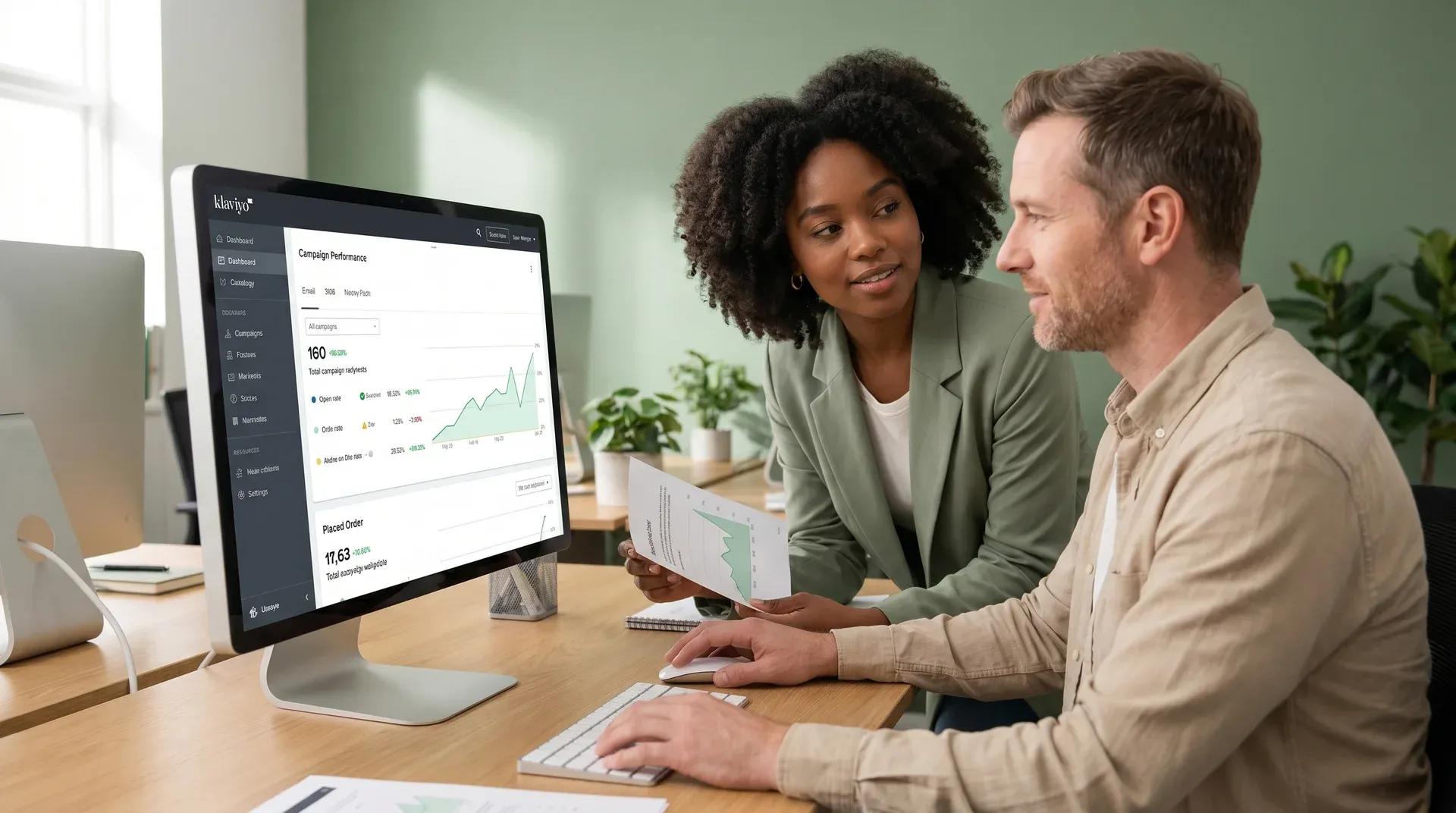 Marketing team reviewing strong Klaviyo email performance with healthy open and click rates