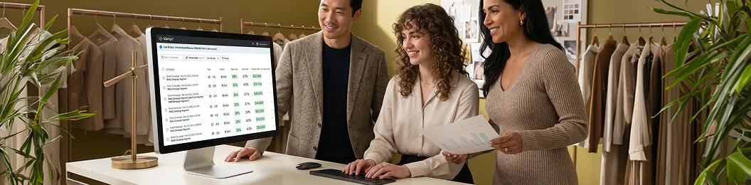 Luxury fashion brand team reviewing Klaviyo email campaign revenue results on a dashboard