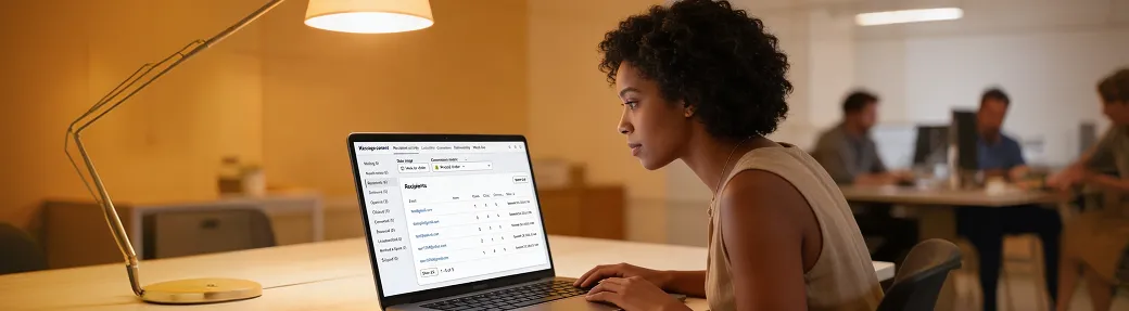 Retention manager reviewing Klaviyo post-purchase flow performance on screen in natural office light Retention manager reviewing Klaviyo post-purchase flow performance on screen in natural office light