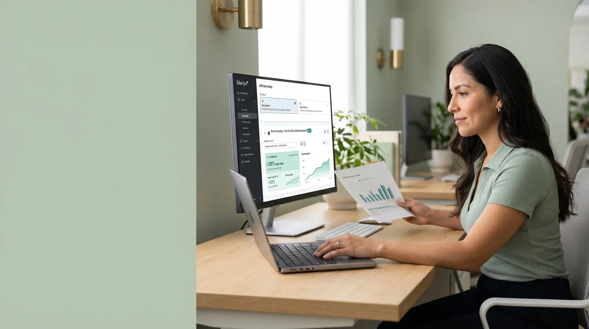 Ecommerce email analyst reviewing Klaviyo campaign performance data, candid side angle, natural office light Ecommerce email analyst reviewing Klaviyo campaign performance data, candid side angle, natural office light