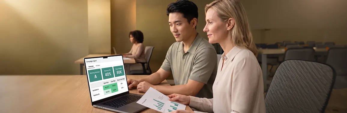 Email marketing analyst reviewing Klaviyo campaign results on screen, natural light, side profile, Unbox the Dress ecommerce team Email marketing analyst reviewing Klaviyo campaign results on screen, natural light, side profile, Unbox the Dress ecommerce team