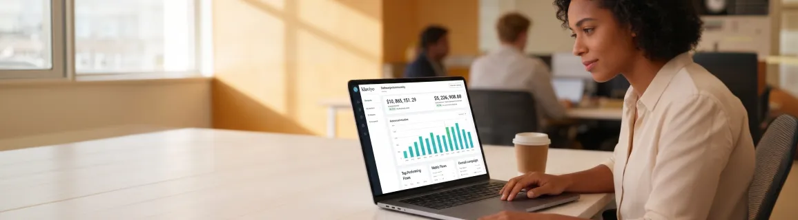 Ecommerce founder reviewing Klaviyo migration dashboard with revenue growth charts in natural office light Ecommerce founder reviewing Klaviyo migration dashboard with revenue growth charts in natural office light