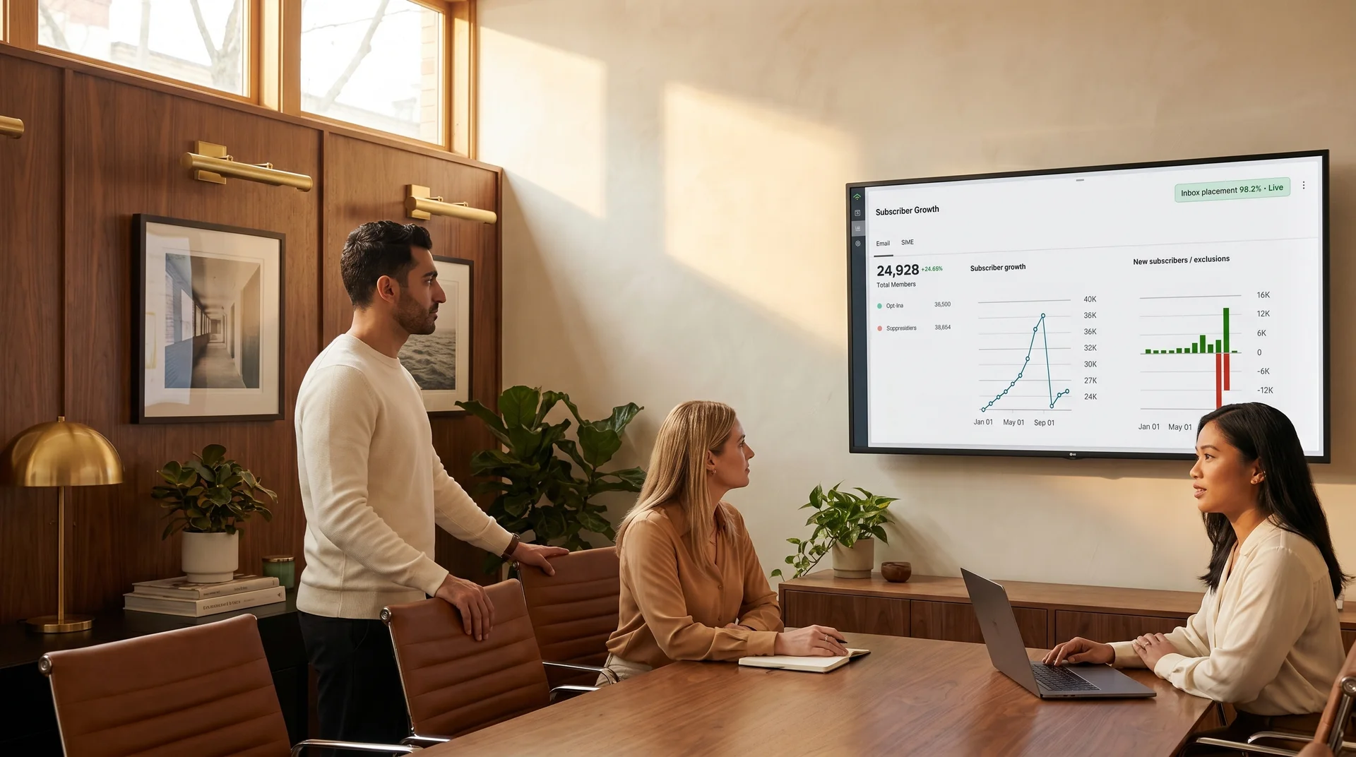 Marketing team reviewing post-migration Klaviyo email performance together, warm office light, side angle Marketing team reviewing post-migration Klaviyo email performance together, warm office light, side angle