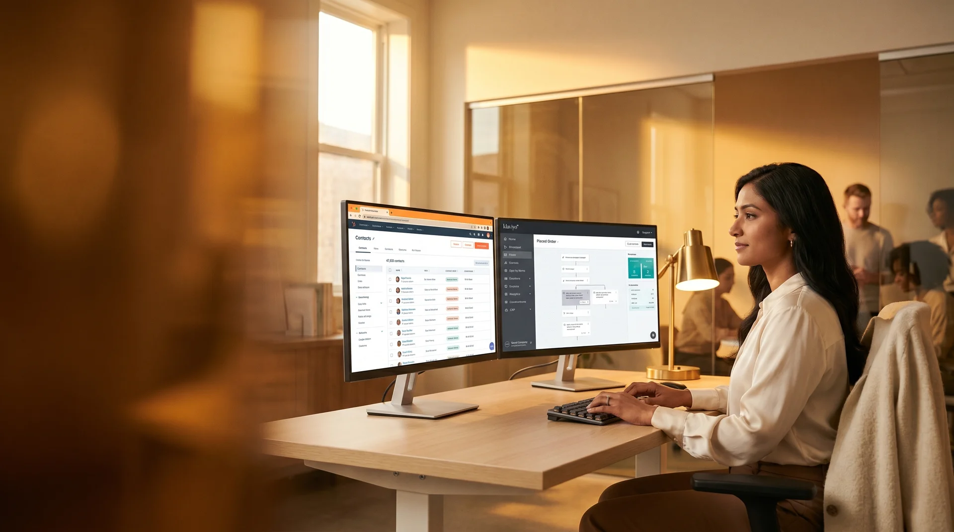 Email migration specialist reviewing HubSpot and Klaviyo analytics on dual monitors during a hubspot to klaviyo migration project Email migration specialist reviewing HubSpot and Klaviyo analytics on dual monitors during a hubspot to klaviyo migration project