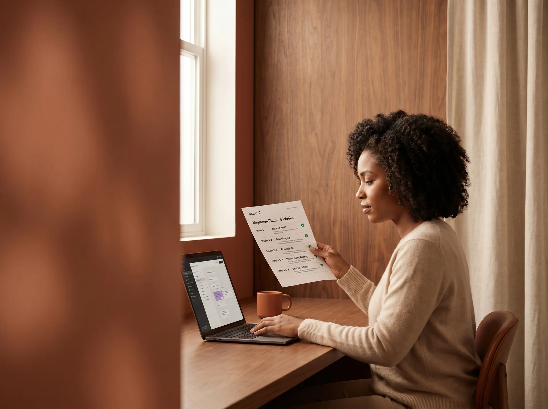 Ecommerce founder reviewing a move from hubspot to klaviyo migration scope document at a desk with warm natural light Ecommerce founder reviewing a move from hubspot to klaviyo migration scope document at a desk with warm natural light