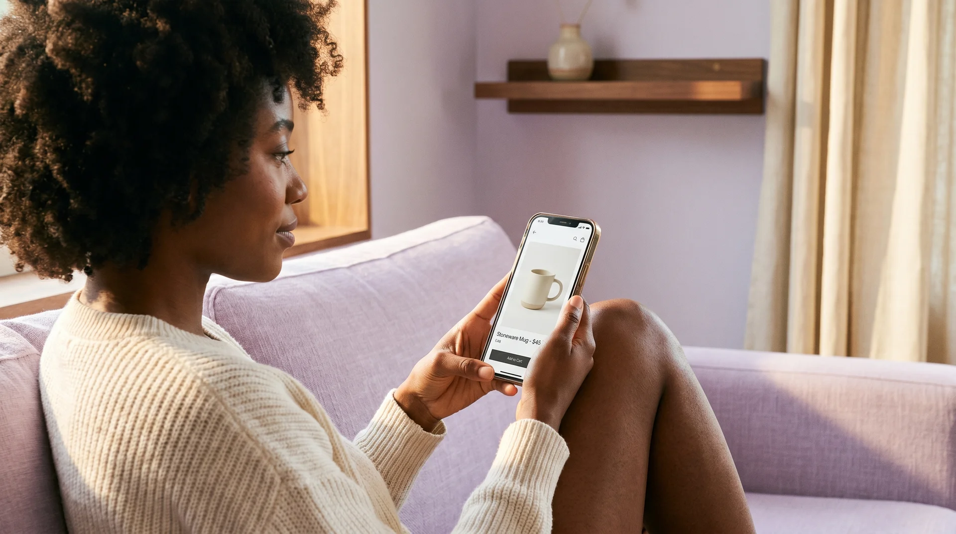 Person browsing a product page on a mobile phone in a casual indoor setting Person browsing a product page on a mobile phone in a casual indoor setting