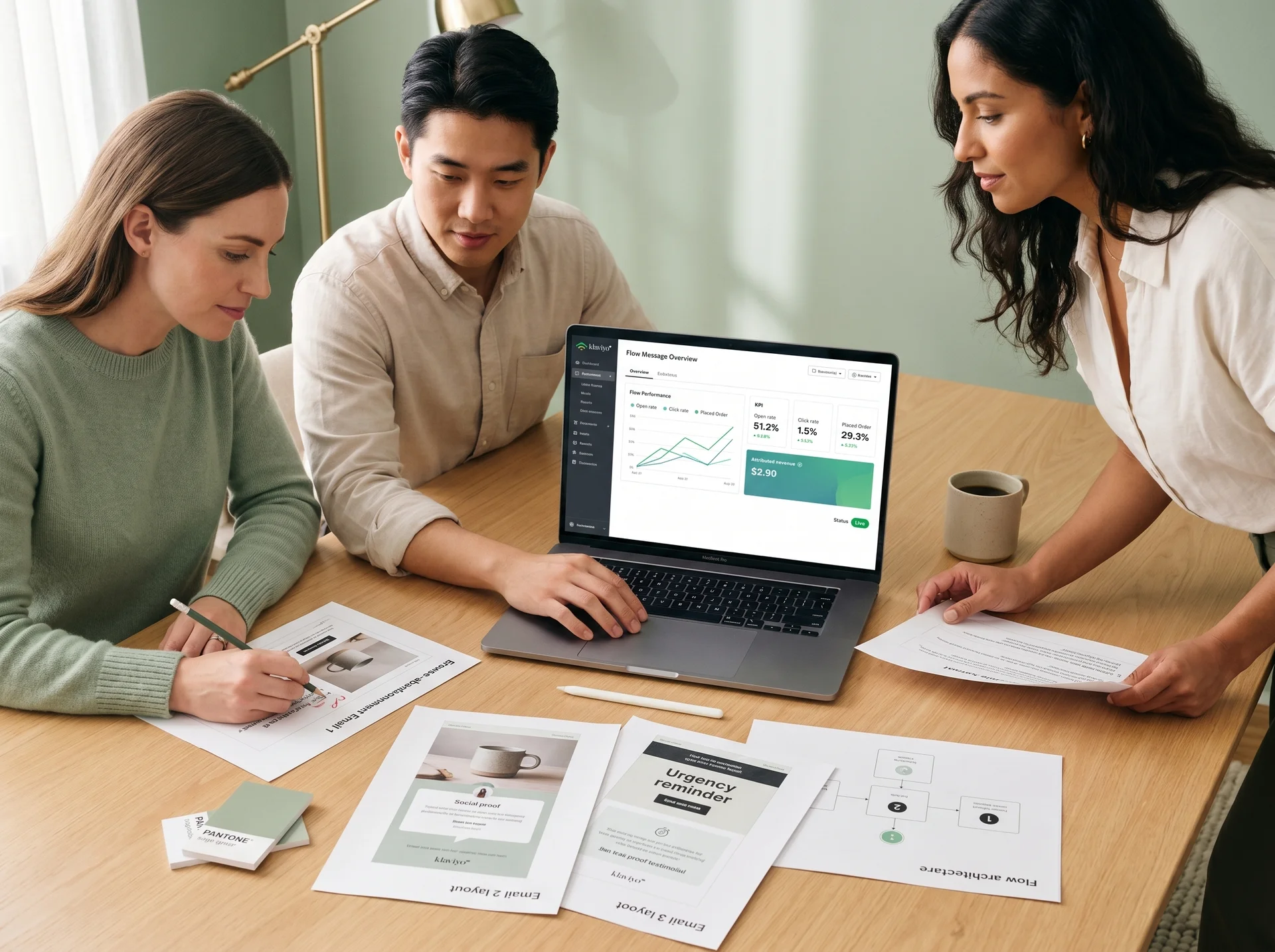 Marketing team reviewing Klaviyo email designs and flow deliverables in a bright studio environment Marketing team reviewing Klaviyo email designs and flow deliverables in a bright studio environment
