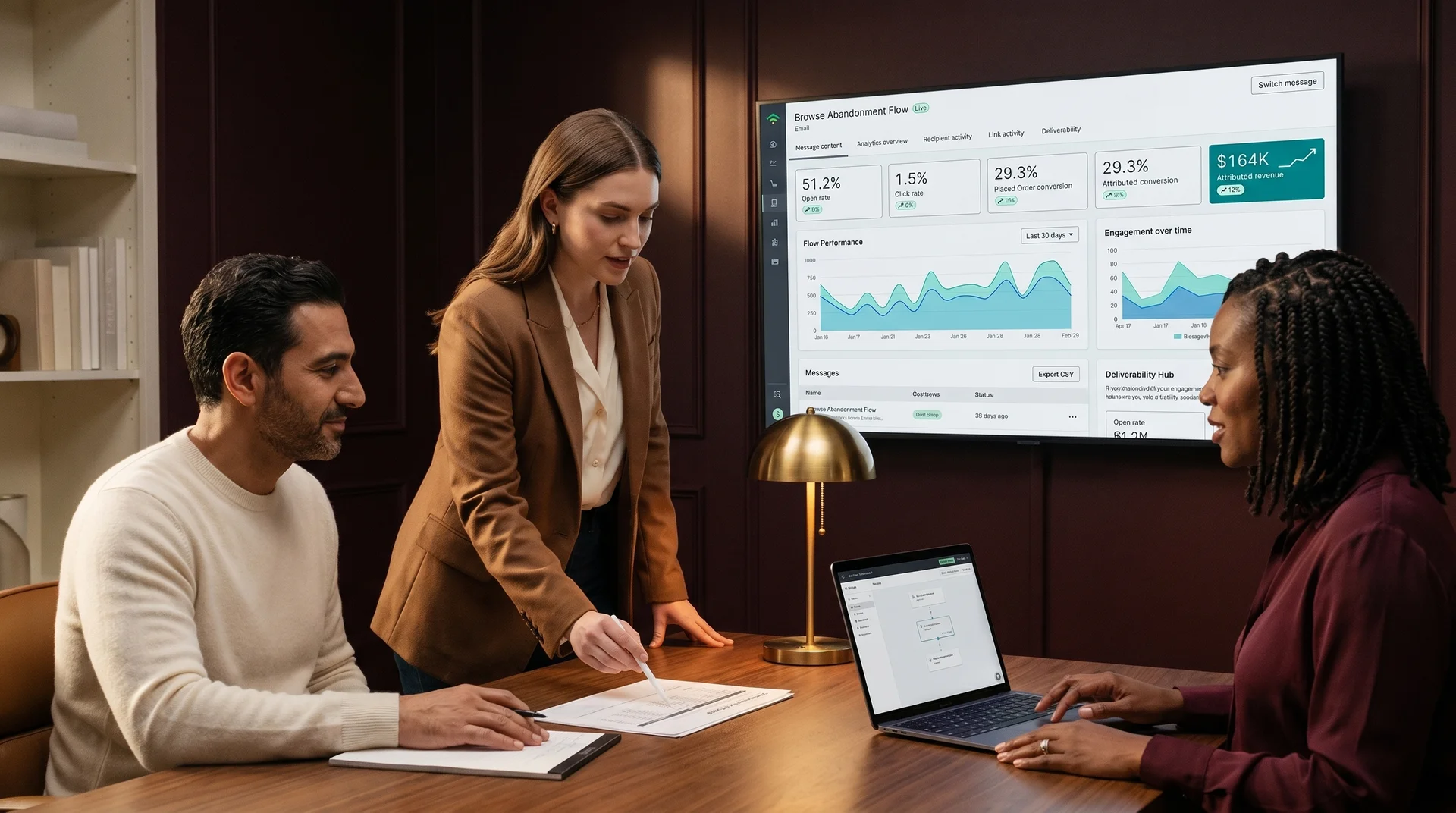 Ecommerce team reviewing Klaviyo flow performance results on large monitors in a studio environment Ecommerce team reviewing Klaviyo flow performance results on large monitors in a studio environment