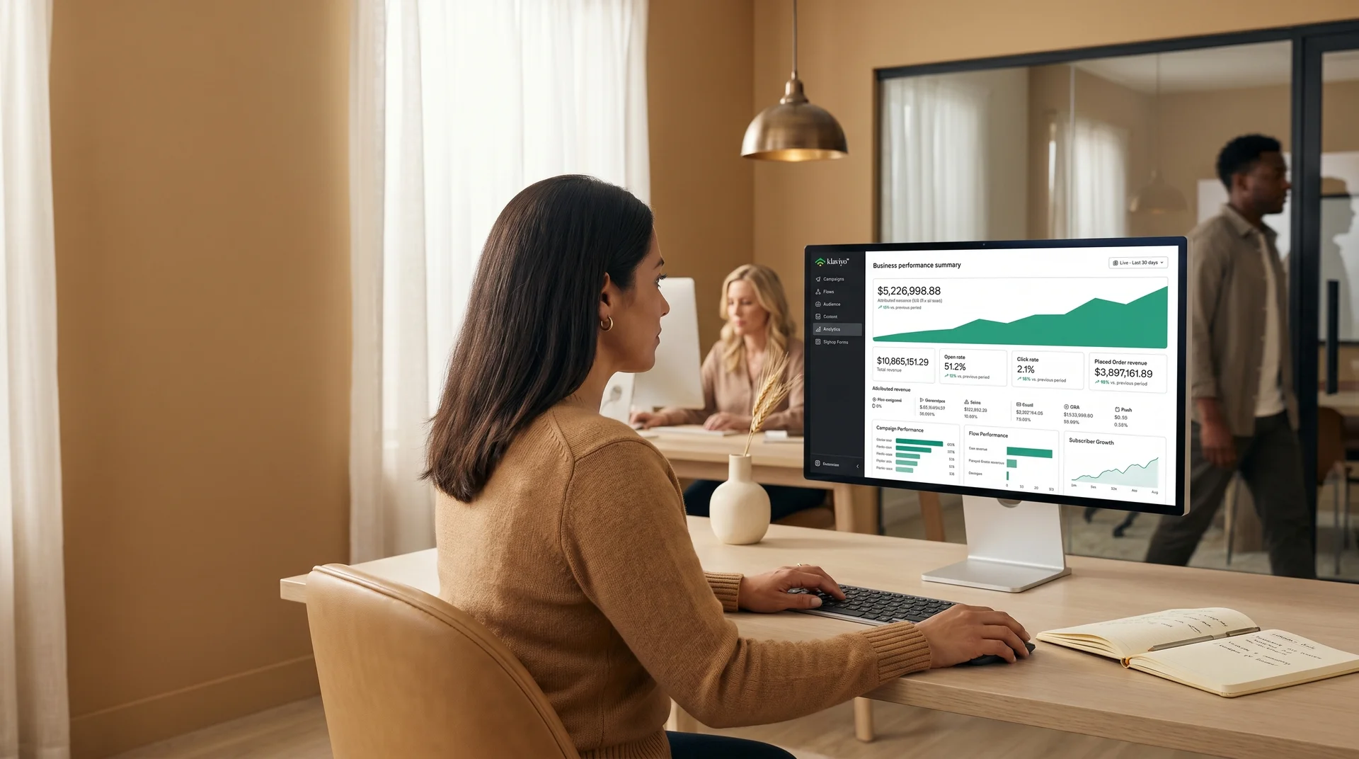 Email marketing manager reviewing Klaviyo dashboard analytics on a large monitor in a professional workspace Email marketing manager reviewing Klaviyo dashboard analytics on a large monitor in a professional workspace