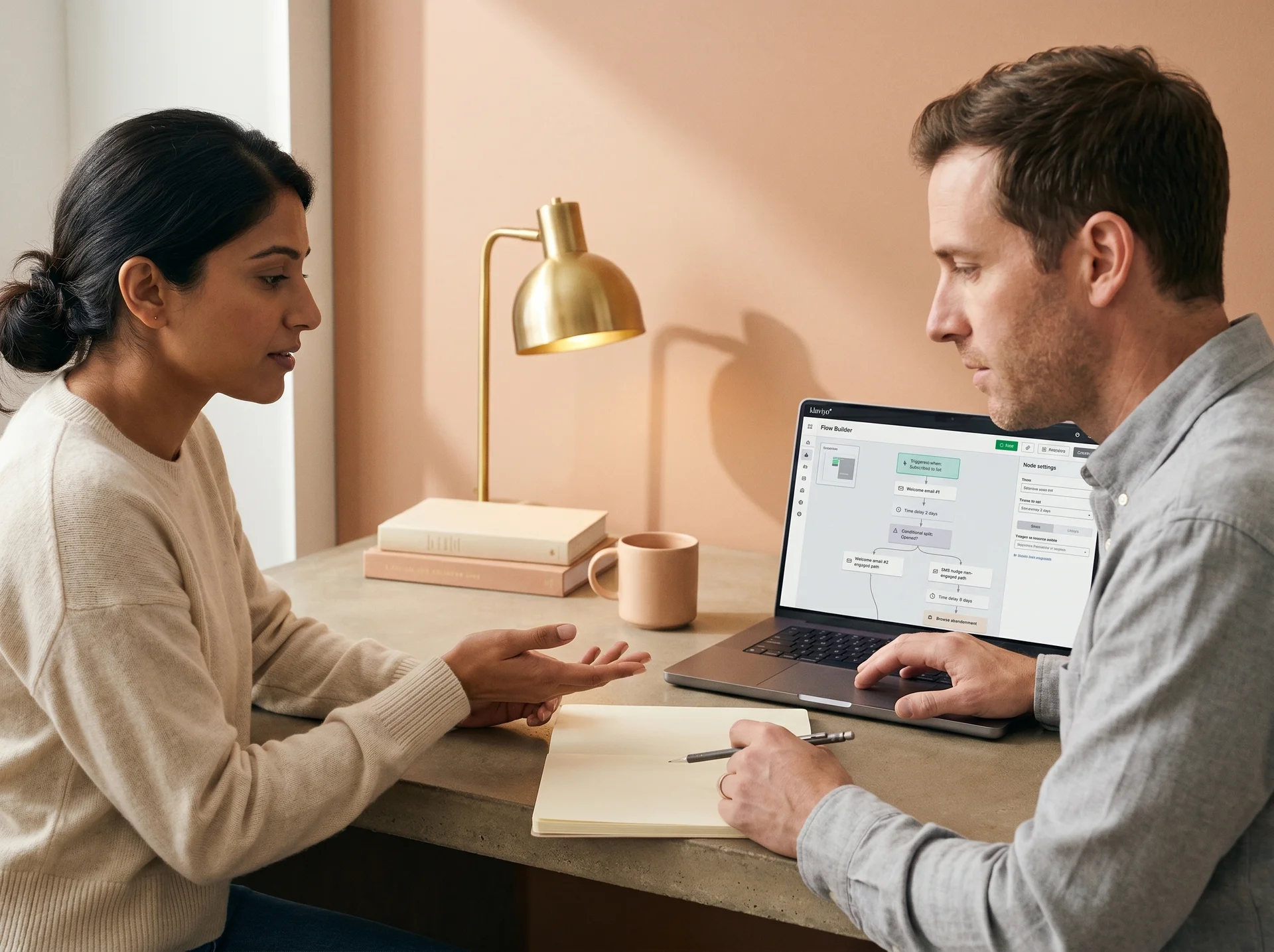 Two Klaviyo specialists reviewing email onboarding setup on a shared screen Two Klaviyo specialists reviewing email onboarding setup on a shared screen