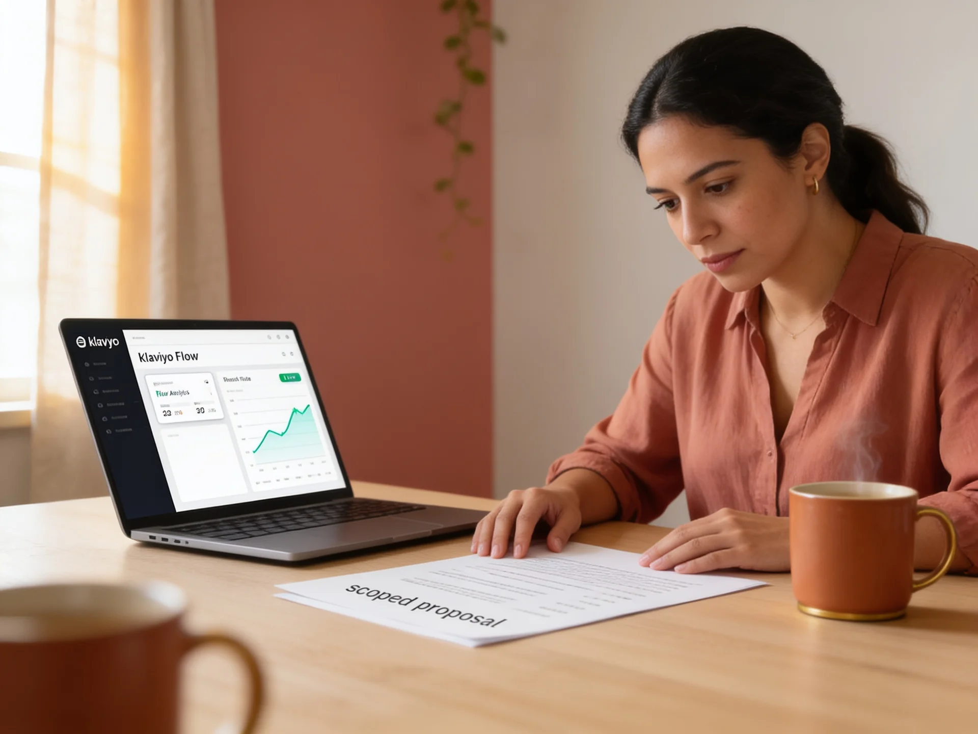 Ecommerce founder reviewing a klaviyo partner agency scoped proposal at a desk with warm natural light Ecommerce founder reviewing a klaviyo partner agency scoped proposal at a desk with warm natural light