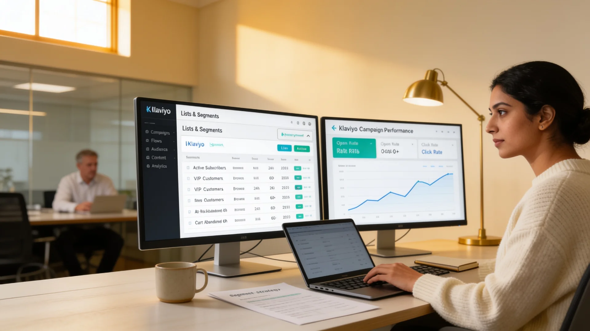 Klaviyo segmentation analyst reviewing subscriber behavior segments on dual monitors as part of a klaviyo segmentation services engagement Klaviyo segmentation analyst reviewing subscriber behavior segments on dual monitors as part of a klaviyo segmentation services engagement