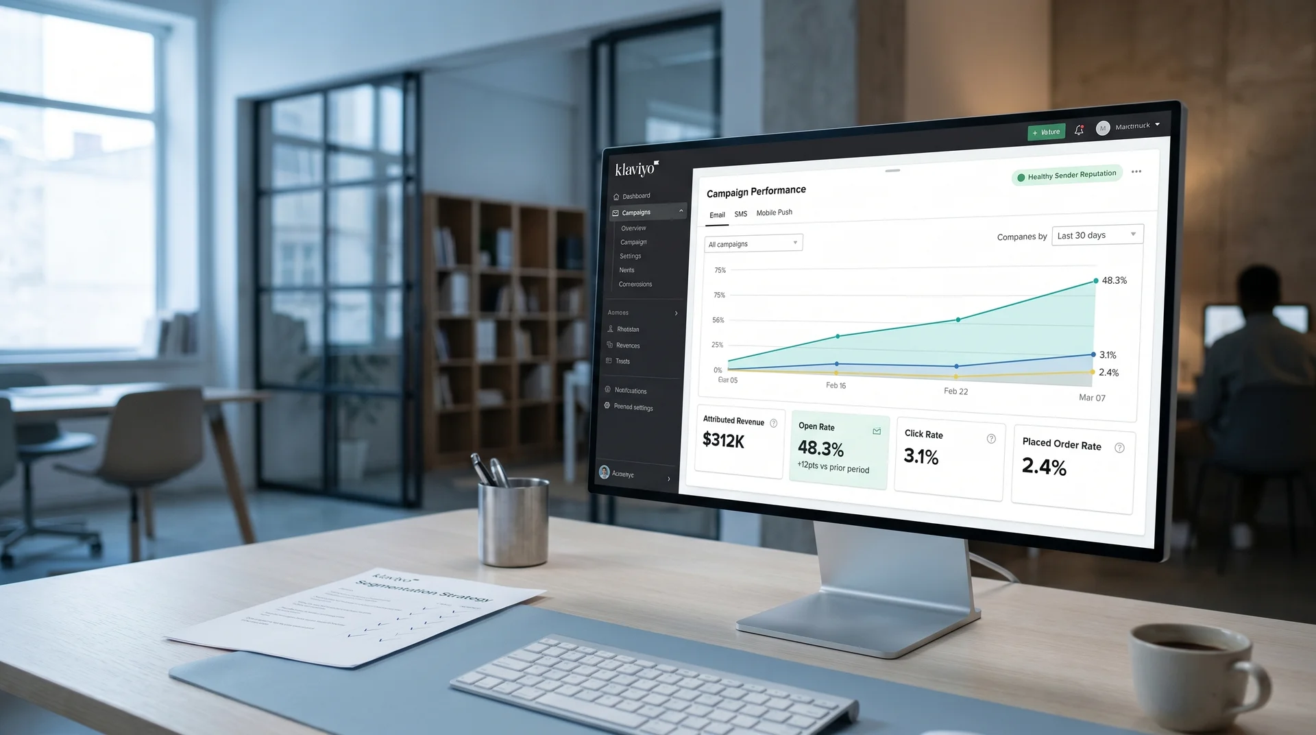 Team reviewing undifferentiated email analytics showing uniform sends to entire list before klaviyo email segmentation services were implemented Team reviewing undifferentiated email analytics showing uniform sends to entire list before klaviyo email segmentation services were implemented