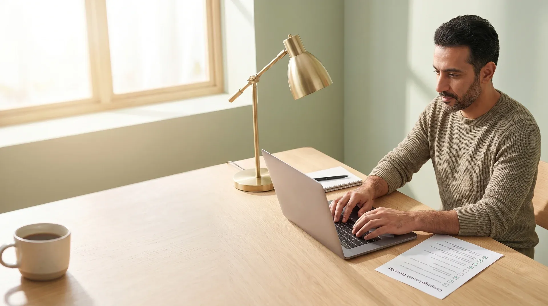 Marketing manager reviewing campaign launch checklist at laptop, calm confidence, natural morning window light Marketing manager reviewing campaign launch checklist at laptop, calm confidence, natural morning window light