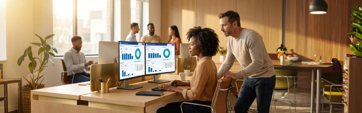 Marketing director reviewing live digital marketing campaign performance dashboard, natural light