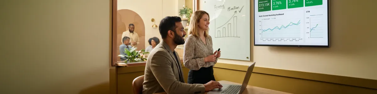 Analyst presenting CCTV Security Pros $15 million revenue growth milestone on whiteboard, natural light