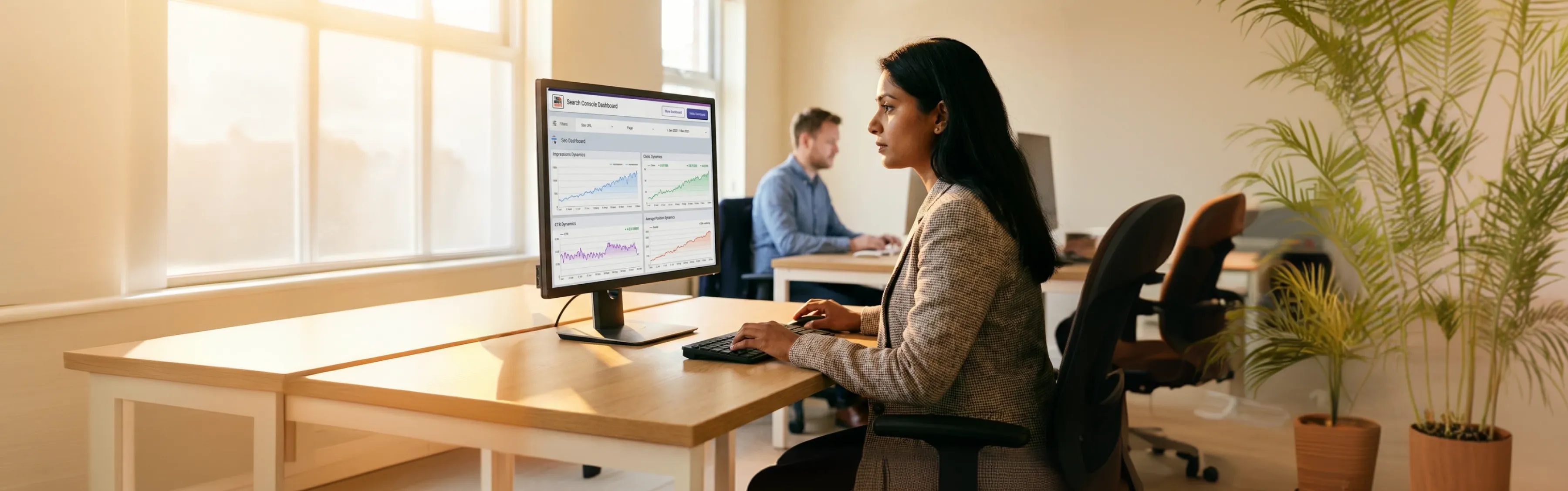 Search engine optimization analyst confidently reviewing live keyword rankings on monitor, natural morning light Search engine optimization analyst confidently reviewing live keyword rankings on monitor, natural morning light