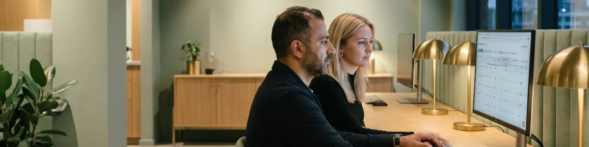 Two search engine optimization strategists reviewing live keyword performance dashboard side by side, screen glow, focused engagement Two search engine optimization strategists reviewing live keyword performance dashboard side by side, screen glow, focused engagement