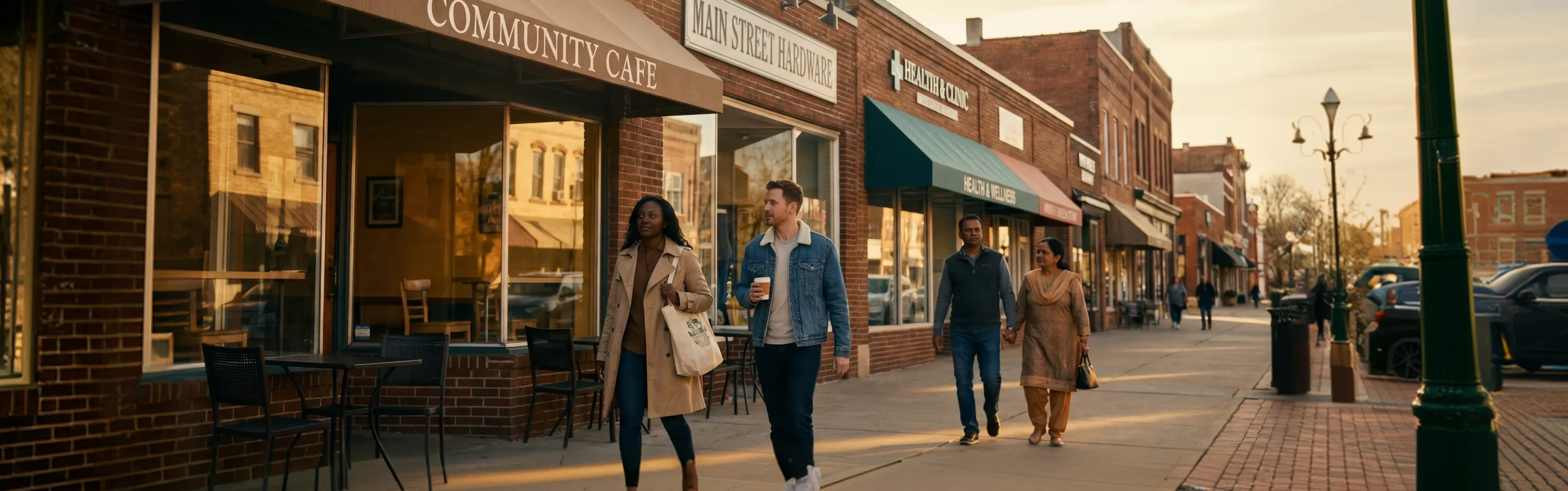 Local main street with community storefronts and pedestrians at golden hour, warm neighborhood atmosphere Local main street with community storefronts and pedestrians at golden hour, warm neighborhood atmosphere