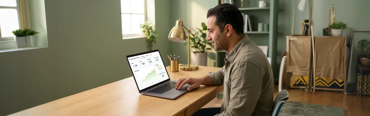 Local business owner at desk reviewing Google Business Profile on laptop, warm natural window light, focused and satisfied Local business owner at desk reviewing Google Business Profile on laptop, warm natural window light, focused and satisfied