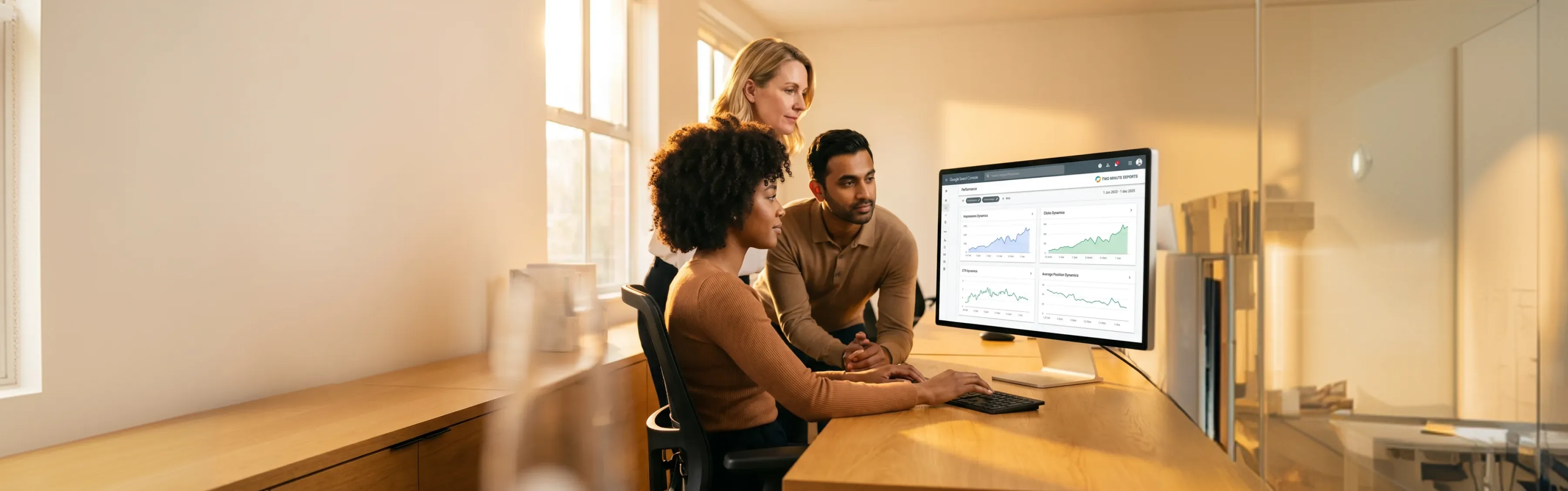 Enterprise search engine optimization analysts gathered around monitor reviewing organic traffic growth dashboard Enterprise search engine optimization analysts gathered around monitor reviewing organic traffic growth dashboard