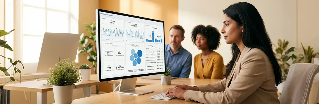 Ecommerce analytics team confidently reviewing organic product rankings dashboard on large monitor, natural morning office light Ecommerce analytics team confidently reviewing organic product rankings dashboard on large monitor, natural morning office light