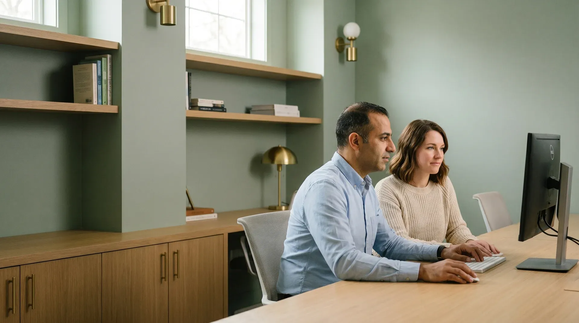Two ecommerce search engine optimization specialists reviewing keyword rankings and organic revenue dashboard side by side, screen glow, focused Two ecommerce search engine optimization specialists reviewing keyword rankings and organic revenue dashboard side by side, screen glow, focused