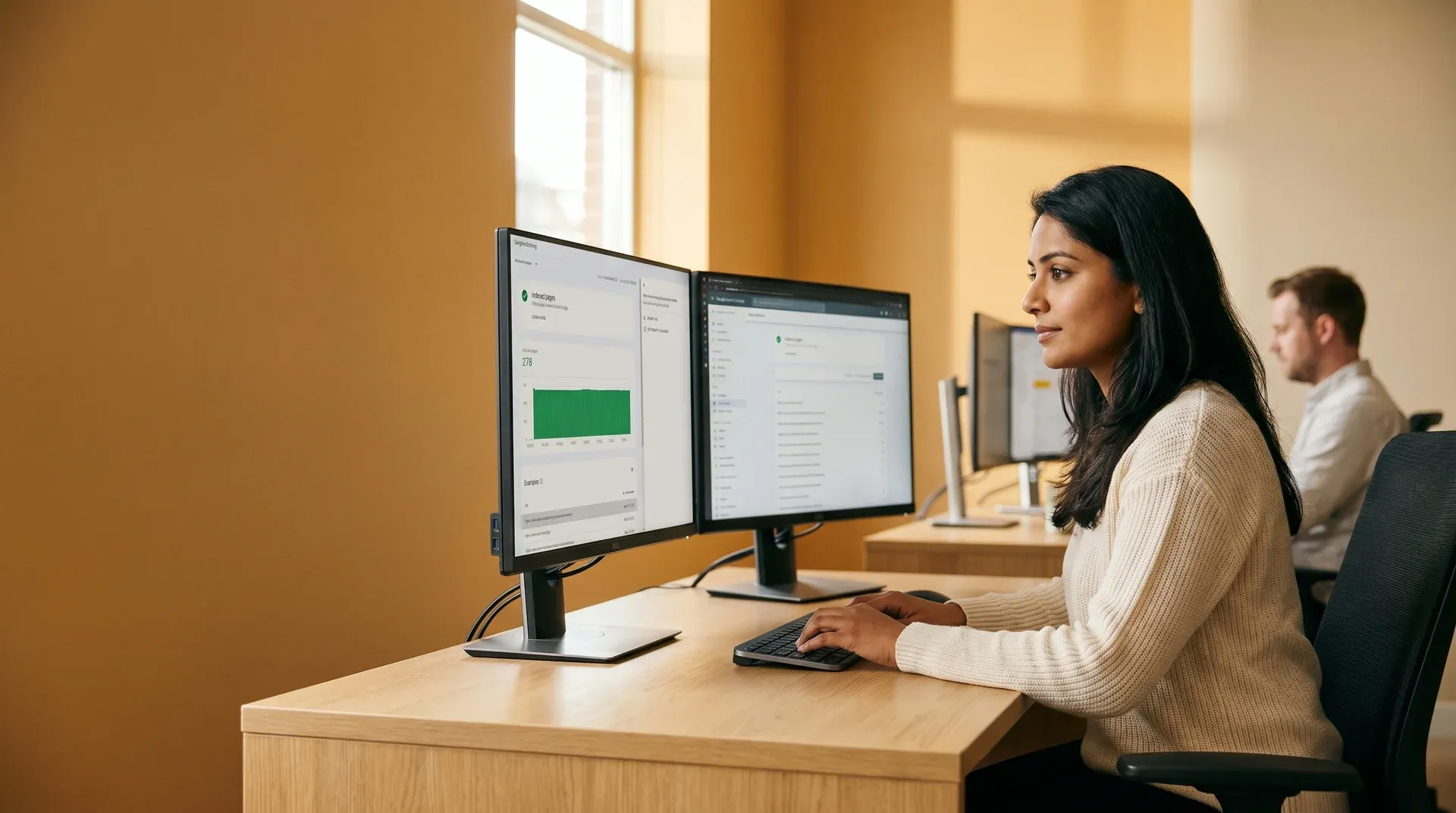 Technical SEO specialist reviewing crawl audit data at dual monitors, natural office light, focused side profile Technical SEO specialist reviewing crawl audit data at dual monitors, natural office light, focused side profile
