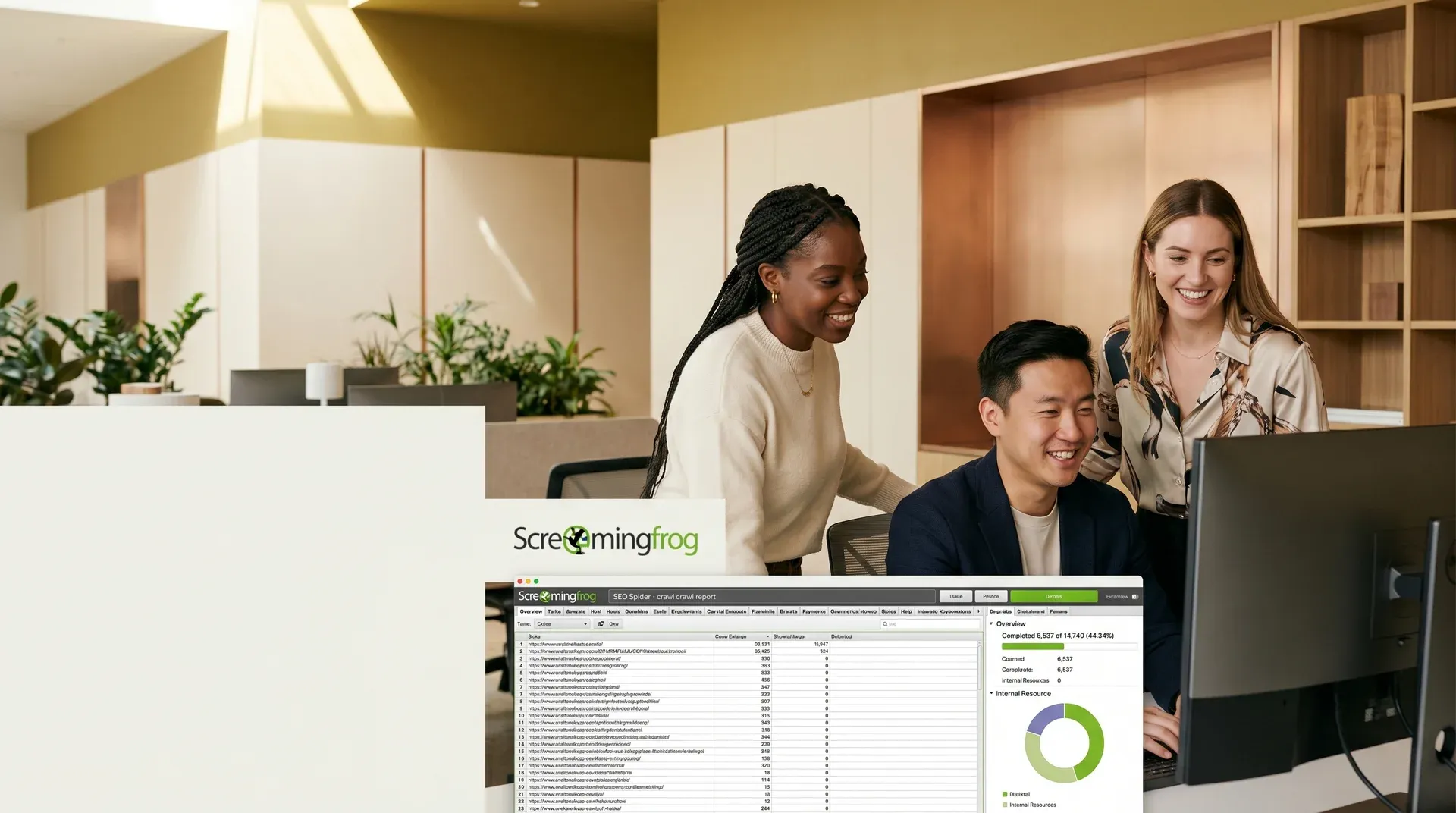 E-commerce team reviewing organic traffic growth milestone results on large monitor together, natural office light, candid energy E-commerce team reviewing organic traffic growth milestone results on large monitor together, natural office light, candid energy
