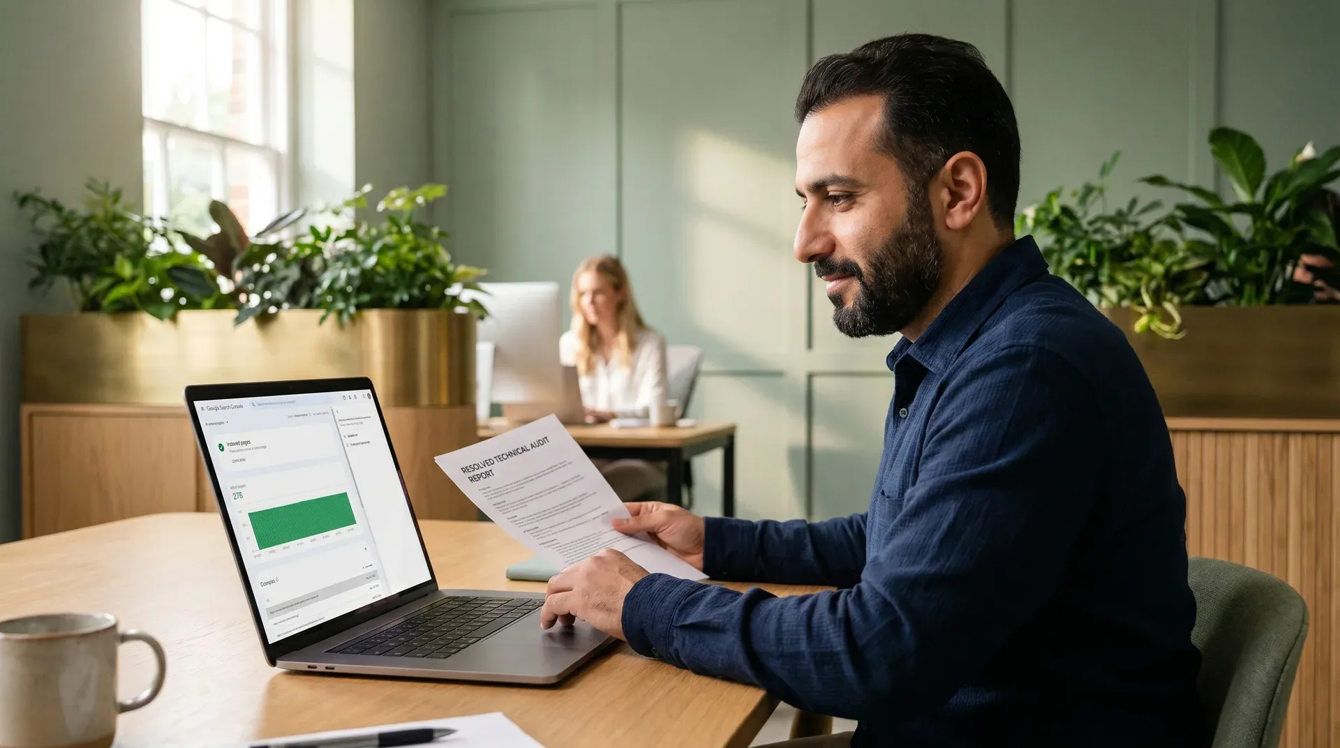 Search engine optimization technical lead reviewing resolved technical audit report with calm confident expression, natural morning window light Search engine optimization technical lead reviewing resolved technical audit report with calm confident expression, natural morning window light