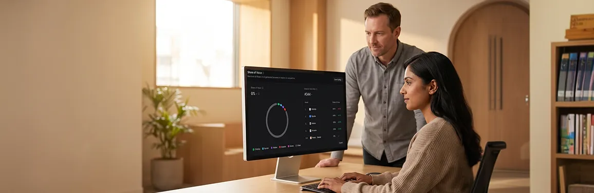 Generative engine optimization team reviewing AI citation and visibility analytics on a large monitor, natural office light Generative engine optimization team reviewing AI citation and visibility analytics on a large monitor, natural office light