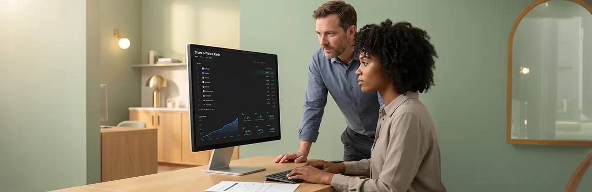 Two generative engine optimization strategists reviewing AI citation frequency report on screen, screen glow, focused professional engagement Two generative engine optimization strategists reviewing AI citation frequency report on screen, screen glow, focused professional engagement