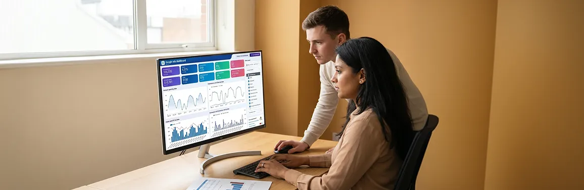 PPC management team reviewing Google Ads campaign performance dashboard together, natural morning office light, side-angle view PPC management team reviewing Google Ads campaign performance dashboard together, natural morning office light, side-angle view