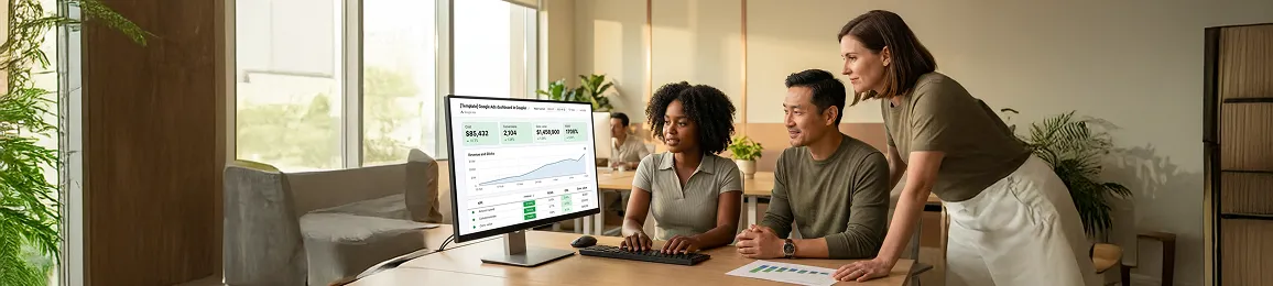 Marketing team reviewing paid campaign revenue milestone results together on screen, natural office light, candid collaborative energy Marketing team reviewing paid campaign revenue milestone results together on screen, natural office light, candid collaborative energy