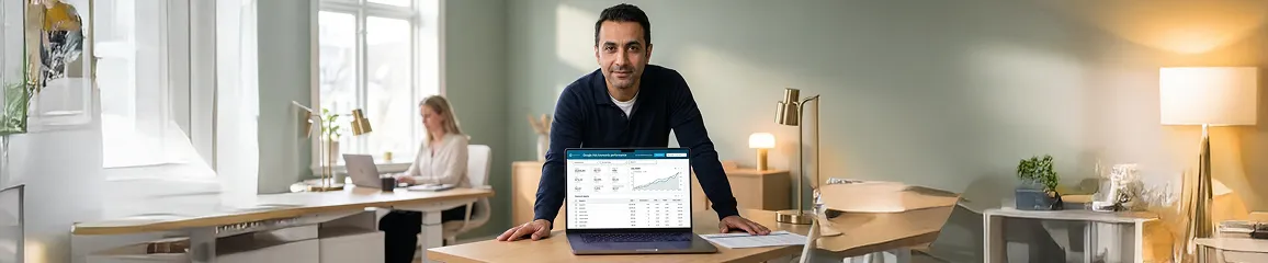 PPC strategist reviewing campaign dashboard showing strong return on ad spend performance with calm confident expression, natural morning window light PPC strategist reviewing campaign dashboard showing strong return on ad spend performance with calm confident expression, natural morning window light